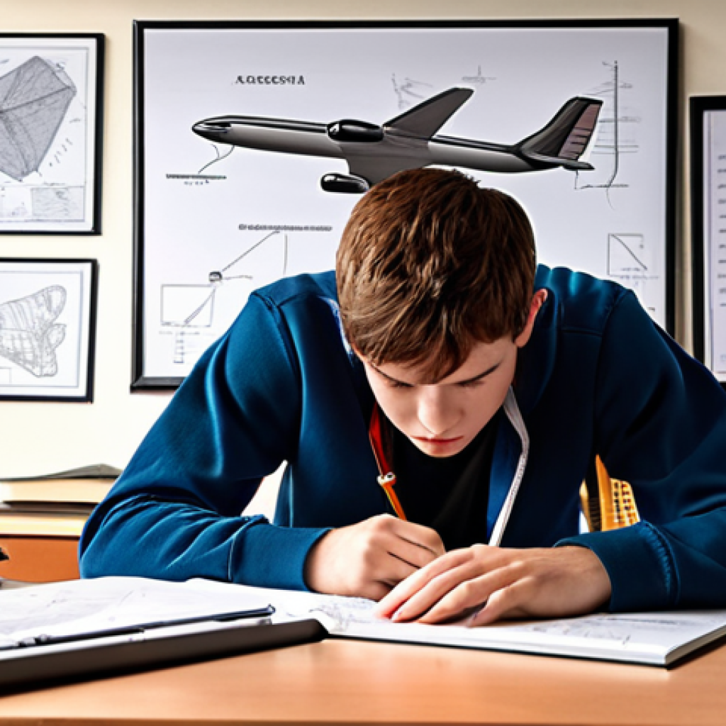 ** Aerospace engineering student intensely studying aerodynamics principles at a desk covered in textbooks and diagrams, with a model airplane nearby. Focus on conveying a sense of challenge and determination.

**