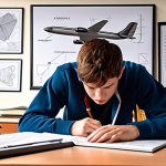 ** Aerospace engineering student intensely studying aerodynamics principles at a desk covered in textbooks and diagrams, with a model airplane nearby. Focus on conveying a sense of challenge and determination.

**