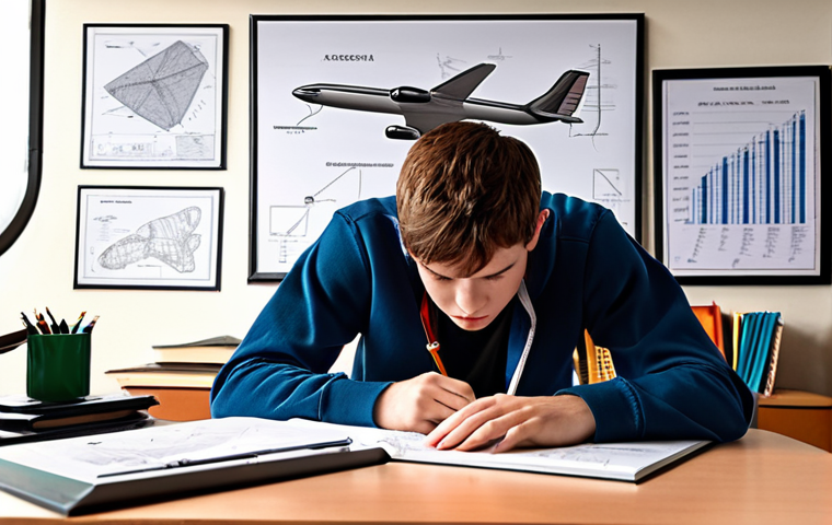 ** Aerospace engineering student intensely studying aerodynamics principles at a desk covered in textbooks and diagrams, with a model airplane nearby. Focus on conveying a sense of challenge and determination.

**