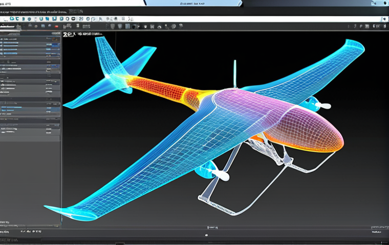 **

A detailed CFD simulation visualization of airflow around a drone wing at low speed. Show clear airflow separation on the wing's upper surface, with color gradients indicating pressure distribution and velocity.  Emphasis on the visualization of turbulence and unsteady flow features.  Consider adding a subtle, translucent wireframe of the drone itself to provide context.  Modern CFD software interface elements subtly in the background.

**